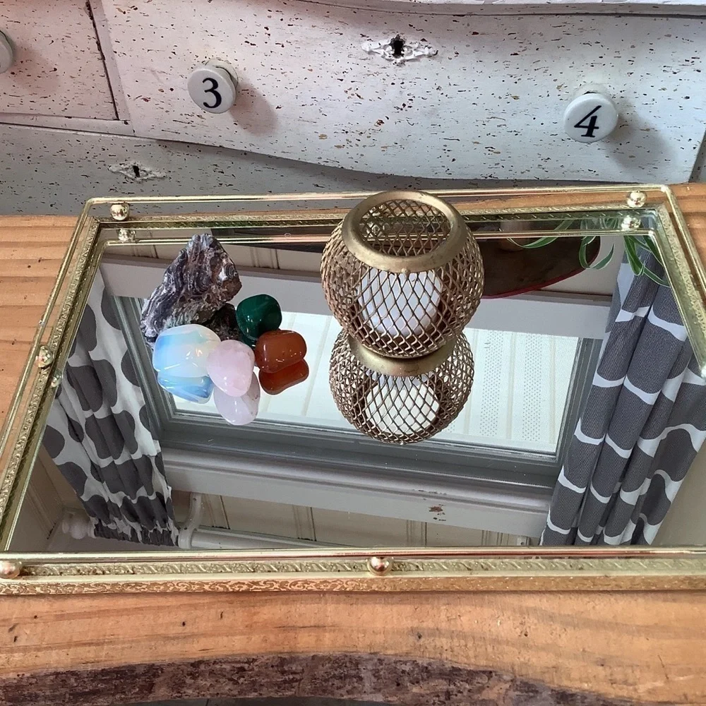 Vintage Dressing Table Brass Mirrored Vanity Tray